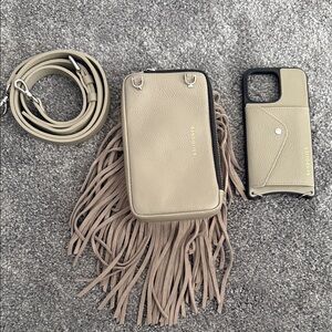 Bandolier iPhone 14 pro max phone case and fringe bag in Taupe